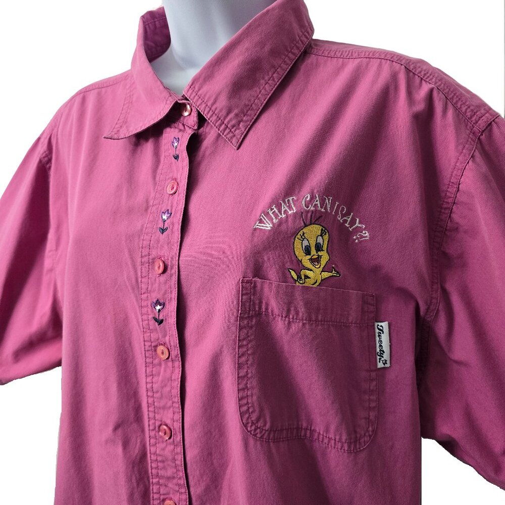 Vintage Tweety Bird Embroidered Shirt 22W 24W Plus Button Front Pocket Pink Y2K